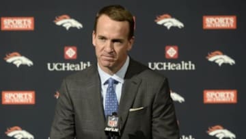 Mar 7, 2016; Englewood, CO, USA; Denver Broncos quarterback Peyton Manning speaks during his retirement announcement press conference at the UCHealth Training Center. Mandatory Credit: Ron Chenoy-USA TODAY Sports