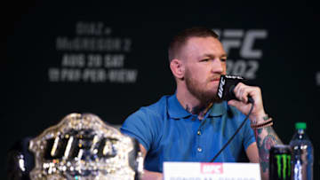 LAS VEGAS, NV - AUGUST 17: UFC featherweight champion Conor McGregor speaks to the media during the UFC 202 Press Conference at David Copperfield Theater in the MGM Grand Hotel/Casino on August 17, 2016 in Las Vegas, Nevada. (Photo by Brandon Magnus/Zuffa LLC/Zuffa LLC via Getty Images)