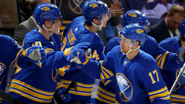 Jan 12, 2023; Buffalo, New York, USA; Buffalo Sabres center Tyson Jost (17) celebrates his goal with teammates during the third period against the Winnipeg Jets at KeyBank Center. Mandatory Credit: Timothy T. Ludwig-USA TODAY Sports