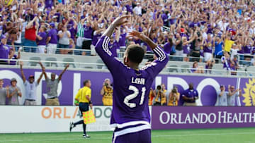 May 17, 2015; Orlando, FL, USA; Orlando City SC forward Cyle Larin (21) reacts after he scored a goal during the first half against the Los Angeles Galaxy at Orlando Citrus Bowl Stadium. Mandatory Credit: Kim Klement-USA TODAY Sports