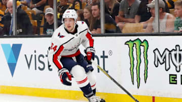 BOSTON, MA - SEPTEMBER 16: Washington Capitals forward Brian Pinho (64) looks for help during a preseason game on September 16, 2018, between the Boston Bruins and the Washington Capitals at TD Garden in Boston, Massachusetts. The Bruins defeated the Capitals 2-1 (SO). (Photo by Fred Kfoury III/Icon Sportswire via Getty Images)