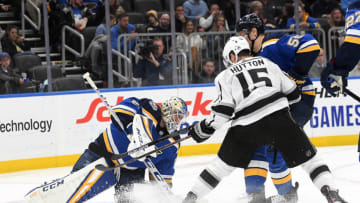 ST. LOUIS, MO. - OCTOBER 24: St. Louis Blues goaltender Jordan Binnington (50) blocks a shot on goal during a NHL game between the Los Angeles Kings and the St. Louis Blues on October 24, 2019, at Enterprise Center, St. Louis, MO. (Photo by Keith Gillett/Icon Sportswire via Getty Images)