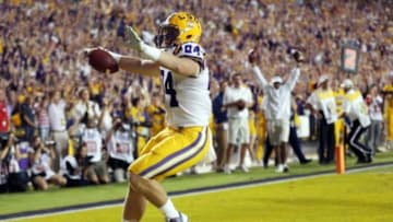 Oct 25, 2014; Baton Rouge, LA, USA; LSU Tigers tight end Logan Stokes (84) runs into the end zone for a touchdown in the fourth quarter against the Mississippi Rebels at Tiger Stadium. Mandatory Credit: Crystal LoGiudice-USA TODAY Sports