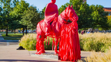 LUBBOCK, TEXAS - OCTOBER 19: The Will Rogers and Soapsuds statue is pictured before the college football game between the Texas Tech Red Raiders and the Iowa State Cyclones on October 19, 2019 at Jones AT&T Stadium in Lubbock, Texas. (Photo by John E. Moore III/Getty Images)