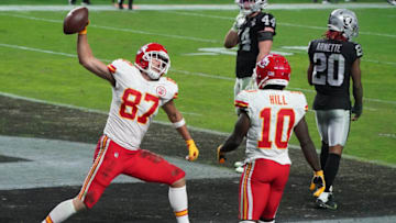 Nov 22, 2020; Paradise, Nevada, USA; Kansas City Chiefs tight end Travis Kelce (87) celebrates his touchdown pass scored against the Las Vegas Raiders during the second half at Allegiant Stadium. Mandatory Credit: Kirby Lee-USA TODAY Sports