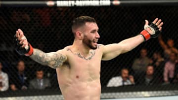 BUFFALO, NY - APRIL 08: Shane Burgos celebrates his technical knockout victory over Charles Rosa in their featherweight bout during the UFC 210 event at KeyBank Center on April 8, 2017 in Buffalo, New York. (Photo by Josh Hedges/Zuffa LLC/Zuffa LLC via Getty Images)