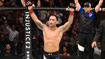 DALLAS, TX - MAY 13: Frankie Edgar celebrates his victory over Yair Rodriguez in their featherweight fight during the UFC 211 event at the American Airlines Center on May 13, 2017 in Dallas, Texas. (Photo by Josh Hedges/Zuffa LLC/Zuffa LLC via Getty Images)