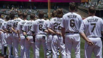 May 30, 2016; Oakland, CA, USA; The Oakland Athletics look on during antional anthem prior to their game against the Minnesota Twins at Oakland Coliseum. Mandatory Credit: Kenny Karst-USA TODAY Sports