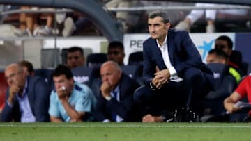 BARCELONA, SPAIN - SEPTEMBER 2: coach Ernesto Valverde of FC Barcelona during the La Liga Santander match between FC Barcelona v SD Huesca at the Camp Nou on September 2, 2018 in Barcelona Spain (Photo by Jeroen Meuwsen/Soccrates/Getty Images)