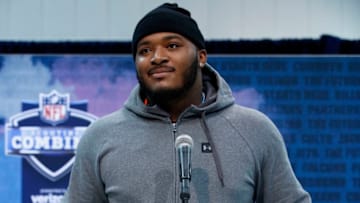 INDIANAPOLIS, IN - FEBRUARY 28: Offensive lineman Elgton Jenkins of Mississippi State speaks to the media during day one of interviews at the NFL Combine at Lucas Oil Stadium on February 28, 2019 in Indianapolis, Indiana. (Photo by Joe Robbins/Getty Images)