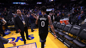 SAN FRANCISCO, CA - DECEMBER 11: D'Angelo Russell #0 of the Golden State Warriors walks off the court after the game against the New York Knicks on December 11, 2019 at Chase Center in San Francisco, California. NOTE TO USER: User expressly acknowledges and agrees that, by downloading and or using this photograph, user is consenting to the terms and conditions of Getty Images License Agreement. Mandatory Copyright Notice: Copyright 2019 NBAE (Photo by Noah Graham/NBAE via Getty Images)