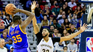 Oct 28, 2016; New Orleans, LA, USA; New Orleans Pelicans forward Anthony Davis (23) defends Golden State Warriors forward Kevin Durant (35) during the second half of a game at the Smoothie King Center. The Warriors defeated the Pelicans 122-114. Mandatory Credit: Derick E. Hingle-USA TODAY Sports