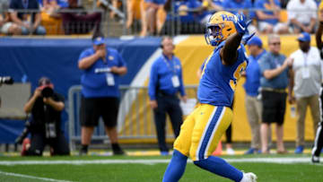PITTSBURGH, PA - SEPTEMBER 07: Jaylen Twyman #97 of the Pittsburgh Panthers reacts after a sack in the second half during the game against the Ohio Bobcats at Heinz Field on September 7, 2019 in Pittsburgh, Pennsylvania. (Photo by Justin Berl/Getty Images)