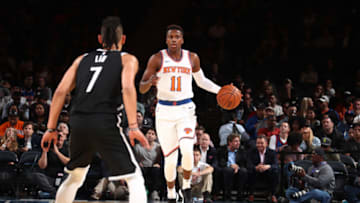 NEW YORK, NY - OCTOBER 3: Frank Ntilikina #11 of the New York Knicks handles the ball against the Brooklyn Nets during the preseason game on October 3, 2017 at Madison Square Garden in New York City, New York. Copyright 2017 NBAE (Photo by Nathaniel S. Butler/NBAE via Getty Images)