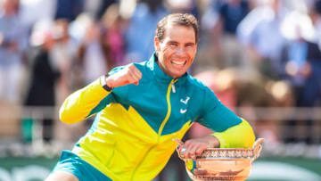 PARIS, FRANCE JUNE 5. Rafael Nadal of Spain with the winners trophy after his victory against Casper Rudd of Norway during the Singles Final for Men on Court Philippe Chatrier at the 2022 French Open Tennis Tournament at Roland Garros on June 5th 2022 in Paris, France. (Photo by Tim Clayton/Corbis via Getty Images)