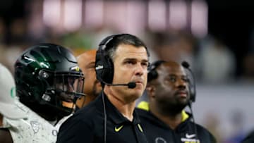 LAS VEGAS, NEVADA - DECEMBER 03: Head coach Mario Cristobal of the Oregon Ducks looks on during the Pac-12 Conference championship game against the Utah Utes at Allegiant Stadium on December 3, 2021 in Las Vegas, Nevada. The Utes defeated the Ducks 38-10. (Photo by Ethan Miller/Getty Images)