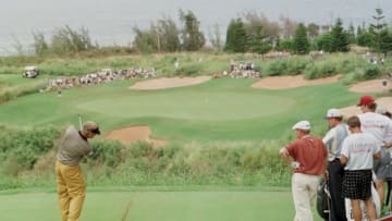 9 Nov 1996: With the Pacific Ocean as a backdrop, Sandy Lyle of Scotland hits his tee shot on the eighth hole during the third round of the Lincoln-Mercury Kapalua International golf tournament at the Plantation course in Kapalua, Maui, Hawaii. Lyle fired