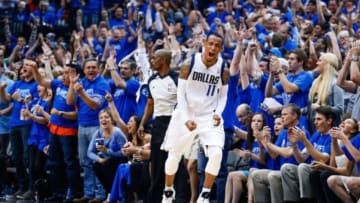 Apr 26, 2014; Dallas, TX, USA; Dallas Mavericks guard Monta Ellis (11) reacts after scoring during the second quarter against the San Antonio Spurs in game three of the first round of the 2014 NBA Playoffs at American Airlines Center. Mandatory Credit: Kevin Jairaj-USA TODAY Sports