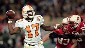 2 Jan 2000: Tee Martin #17 of the Tennessee Volunteers gets ready to pass the ball as Carlos Polk #13 of the Nebraska Cornhuskers comes at him during the Fiesta Bowl Game at the Sun Devil Stadium in Tempe, Florida. The Cornhuskers defeated the Volunteer