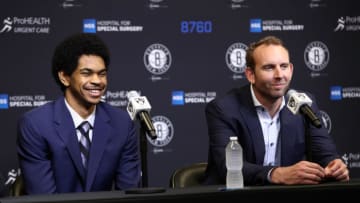 BROOKLYN, NY - June 23: General Manager Sean Marks of the Brooklyn Nets introduces 2017 draft pick Jarrett Allen on June 23, 2017 at HSS Training Center in Brooklyn, New York. NOTE TO USER: User expressly acknowledges and agrees that, by downloading and or using this Photograph, user is consenting to the terms and conditions of the Getty Images License Agreement. Mandatory Copyright Notice: Copyright 2017 NBAE (Photo by Nathaniel S. Butler/NBAE via Getty Images)