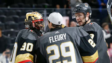 LAS VEGAS, NV - DECEMBER 17: Vegas Golden Knights Goalie Marc-Andre Fleury (29) congratulates Vegas Golden Knights Goalie Malcolm Subban (30) after winning a regular season NHL game between the Florida Panthers and the Vegas Golden Knights on Sunday, Dec. 17, 2017, in Las Vegas. The Vegas Golden Knights would defeat the Florida Panthers 4-2. (Photo by: Marc Sanchez/Icon Sportswire via Getty Images)