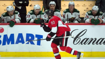 Mar 15, 2016; Ottawa, Ontario, CAN; Ottawa Senators center Mika Zibanejad (93) scores the game tying goal with 7 seconds left in the third period against the Minnesota Wild at the Canadian Tire Centre. The Senators defeated the Minnesota Wild 3-2 in overtime. Mandatory Credit: Marc DesRosiers-USA TODAY Sports