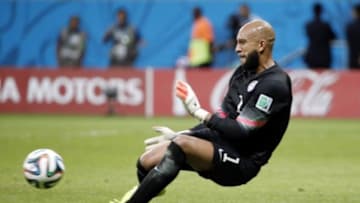 Jul 1, 2014; Salvador, Bahia, BRAZIL; United States goalkeeper Tim Howard (1) makes a save against Belgium during the second half of their round of sixteen match in the 2014 World Cup at Arena Fonte Nova. Mandatory Credit: Winslow Townson-USA TODAY Sports
