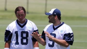 June 11, 2013; Irving, TX, USA; Dallas Cowboys quarterback Tony Romo (9) talks with Kyle Orton (18) during minicamp at Dallas Cowboys Headquarters. Mandatory Credit: Matthew Emmons-USA TODAY Sports