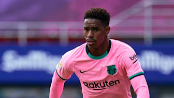 EIBAR, SPAIN - MAY 22: Junior Firpo of Barcelona with the ball during the La Liga Santander match between SD Eibar and FC Barcelona at Estadio Municipal de Ipurua on May 22, 2021 in Eibar, Spain. Sporting stadiums around Spain remain under strict restrictions due to the Coronavirus Pandemic as Government social distancing laws prohibit fans inside venues resulting in games being played behind closed doors (Photo by Cristian Trujillo/Quality Sport Images/Getty Images)