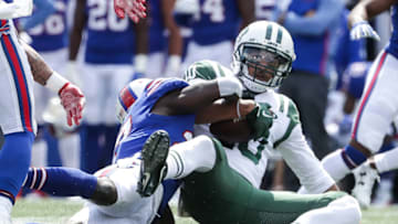 ORCHARD PARK, NY - SEPTEMBER 10: Jermaine Kearse #10 of the New York Jets is tackled by Tre'Davious White #27 of the Buffalo Bills on September 10, 2017 at New Era Field in Orchard Park, New York. (Photo by Tom Szczerbowski/Getty Images)