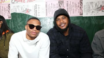 NEW YORK, NY - SEPTEMBER 10:NFL players Russell Westbrook and Carmelo Anthony attend the Public School New York Fashion Week September 10, 2017 in New York City. (Photo by Bennett Raglin/WireImage)