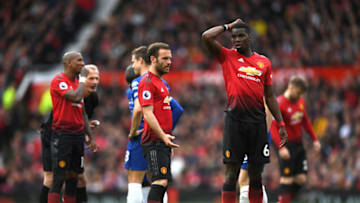 MANCHESTER, ENGLAND - APRIL 28: Paul Pogba and Juan Mata of Manchester United in discussion during the Premier League match between Manchester United and Chelsea FC at Old Trafford on April 28, 2019 in Manchester, United Kingdom. (Photo by Shaun Botterill/Getty Images)