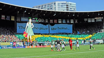 Aug 24, 2014; Portland, OR, USA; The Timbers Army raises the Tifo before the game of Portland Timbers and the Seattle Sounders at Providence Park. Mandatory Credit: Susan Ragan-USA TODAY Sports