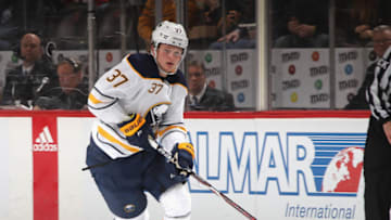 NEWARK, NEW JERSEY - FEBRUARY 17: Casey Mittelstadt #37 of the Buffalo Sabres skates against the New Jersey Devils at the Prudential Center on February 17, 2019 in Newark, New Jersey. The Devils defeated the Sabres 4-1. (Photo by Bruce Bennett/Getty Images)