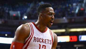 Feb 19, 2016; Phoenix, AZ, USA; Houston Rockets center Dwight Howard (12) reacts against the Phoenix Suns during the second half at Talking Stick Resort Arena. The Rockets won 116-100. Mandatory Credit: Joe Camporeale-USA TODAY Sports