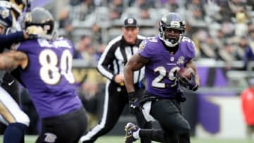 Nov 22, 2015; Baltimore, MD, USA; Baltimore Ravens running back Justin Forsett (29) runs with the ball in the first quarter against the St. Louis Rams at M&T Bank Stadium. Mandatory Credit: Evan Habeeb-USA TODAY Sports
