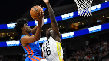 SALT LAKE CITY, UTAH - JULY 05: Jalen Williams #8 of the Oklahoma City Thunder shoots over Kofi Cockburn #26 of the Utah Jazz during a NBA Summer League game at Vivint Arena on July 05, 2022 in Salt Lake City, Utah. NOTE TO USER: User expressly acknowledges and agrees that, by downloading and/or using this Photograph, user is consenting to the terms and conditions of the Getty Images License Agreement. (Photo by Alex Goodlett/Getty Images)
