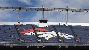 Jan 12, 2014; Denver, CO, USA; General view of the Broncos logo on seats as fans enter the stadium for the game with the Denver Broncos playing against the San Diego Chargers for the 2013 AFC divisional playoff football game. Mandatory Credit: Matthew Emmons-USA TODAY Sports