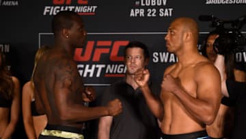 NASHVILLE, TN - APRIL 21: (L-R) Ovince Saint Preux and Marcos Rogerio De Lima of Brazil face off during the UFC Fight Night weigh-in at the Sheraton Music City Hotel on April 21, 2017 in Nashville, Tennessee. (Photo by Jeff Bottari/Zuffa LLC/Zuffa LLC via Getty Images)