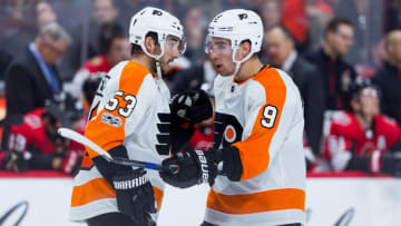 OTTAWA, ON - OCTOBER 26: Philadelphia Flyers Defenceman Ivan Provorov (9) talks to teammate Shayne Gostisbehere (53) during third period National Hockey League action between the Philadelphia Flyers and Ottawa Senators on October 26, 2017, at Canadian Tire Centre in Ottawa, ON, Canada. (Photo by Richard A. Whittaker/Icon Sportswire via Getty Images)