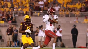 Oct 22, 2016; Tempe, AZ, USA; Washington State Cougars wide receiver Tavares Martin Jr. (right) catches a second quarter touchdown against the Arizona State Sun Devils at Sun Devil Stadium. Mandatory Credit: Mark J. Rebilas-USA TODAY Sports