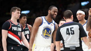 PORTLAND, OREGON - JANUARY 20: Alec Burks #8 of the Golden State Warriors reacts to a call in the first quarter against the Portland Trail Blazers during their game at Moda Center on January 20, 2020 in Portland, Oregon. NOTE TO USER: User expressly acknowledges and agrees that, by downloading and or using this photograph, User is consenting to the terms and conditions of the Getty Images License Agreement (Photo by Abbie Parr/Getty Images) (Photo by Abbie Parr/Getty Images)