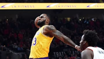 PORTLAND, OR - OCTOBER 18: LeBron James #23 of the Los Angeles Lakers dunks against the Portland Trail Blazers in the first quarter of their game at Moda Center on October 18, 2018 in Portland, Oregon. NOTE TO USER: User expressly acknowledges and agrees that, by downloading and or using this photograph, User is consenting to the terms and conditions of the Getty Images License Agreement. (Photo by Steve Dykes/Getty Images)