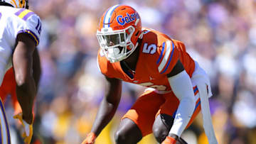 BATON ROUGE, LOUISIANA - OCTOBER 16: Kaiir Elam #5 of the Florida Gators in action against the LSU Tigers during a game at Tiger Stadium on October 16, 2021 in Baton Rouge, Louisiana. (Photo by Jonathan Bachman/Getty Images)