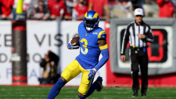 TAMPA, FLORIDA - JANUARY 23: Odell Beckham Jr. #3 of the Los Angeles Rams runs with the ball in the first quarter of the game against the Tampa Bay Buccaneers in the NFC Divisional Playoff game at Raymond James Stadium on January 23, 2022 in Tampa, Florida. (Photo by Kevin C. Cox/Getty Images)