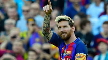 Barcelona's Argentinian forward Lionel Messi celebrates a goal during the Spanish league football match FC Barcelona vs RC Deportivo de la Coruna at the Camp Nou stadium in Barcelona on October 15, 2016 / AFP / LLUIS GENE (Photo credit should read LLUIS GENE/AFP/Getty Images)