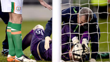 DUBLIN, IRELAND - MARCH 29: Rob Elliot of the Republic of Ireland suffers a suspected serious injury during the international friendly match between the Republic of Ireland and Slovakia at Aviva Stadium on March 29, 2016 in Dublin, Ireland. (Photo by Charles McQuillan/Getty Images)
