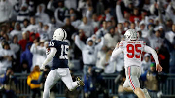 STATE COLLEGE, PA - OCTOBER 22: Grant Haley #15 of the Penn State Nittany Lions returns a field goal block 60 yards for a touchdown in the fourth quarter during the game against the Ohio State Buckeyes on October 22, 2016 at Beaver Stadium in State College, Pennsylvania. (Photo by Justin K. Aller/Getty Images)