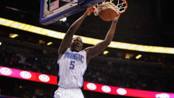 Mar 25, 2014; Orlando, FL, USA; Orlando Magic guard Victor Oladipo (5) dunks the ball in the second half as the Orlando Magic beat the Portland Trail Blazers 95-85 at Amway Center. Mandatory Credit: David Manning-USA TODAY Sports