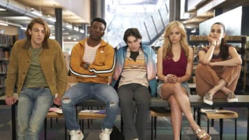 ONE OF US IS LYING -- "One Of Us Is Not Like The Other" Episode 103 -- Pictured: (l-r) Cooper van Grootel as Nate, Chibuikem Uche as Cooper, Mark McKenna as Simon, Annalisa Cochrane as Addy, Marianly Tejada as Bronwyn -- (Photo by: Nicola Dove/Peacock)